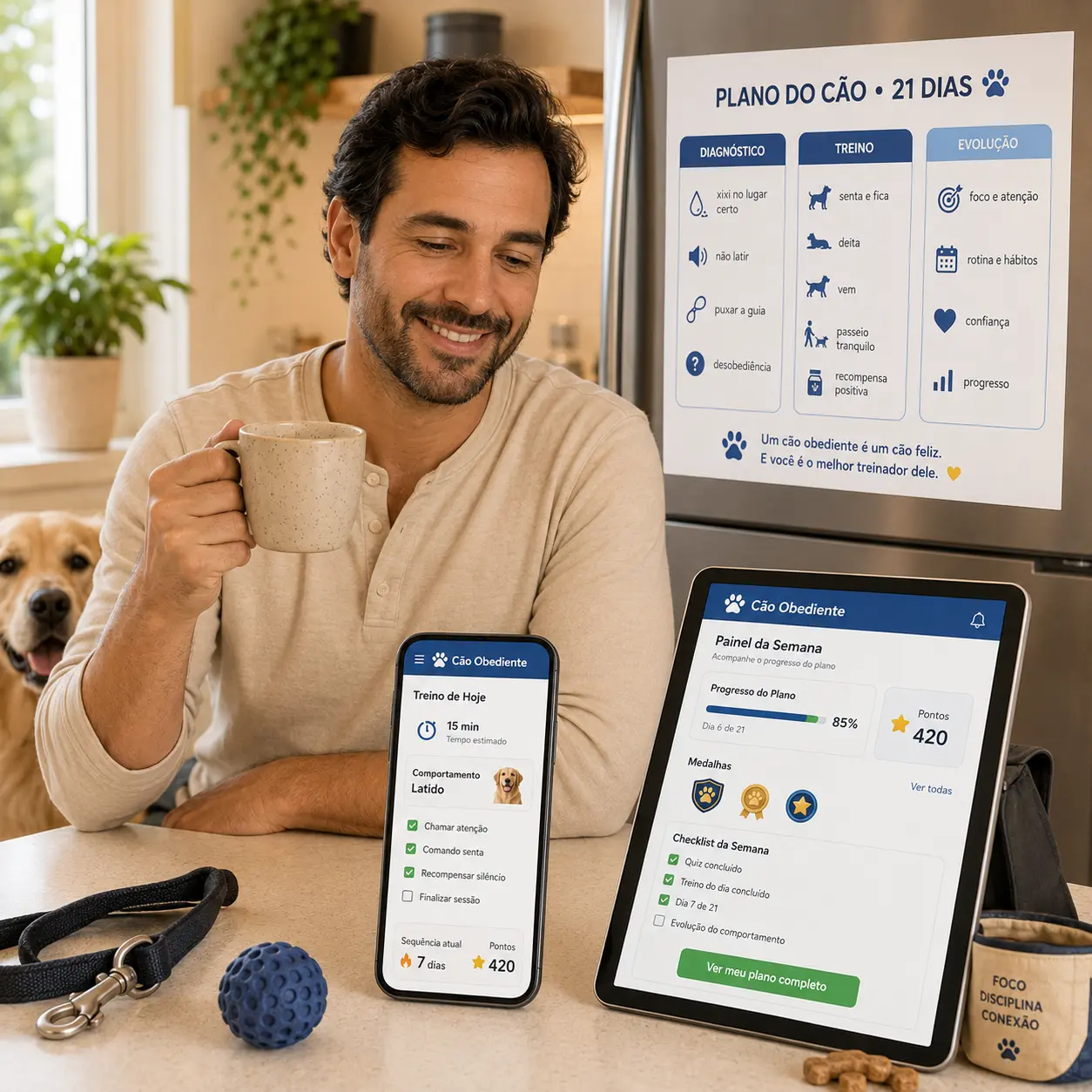 App Cão Obediente aberto no celular com um cachorro tranquilo ao lado