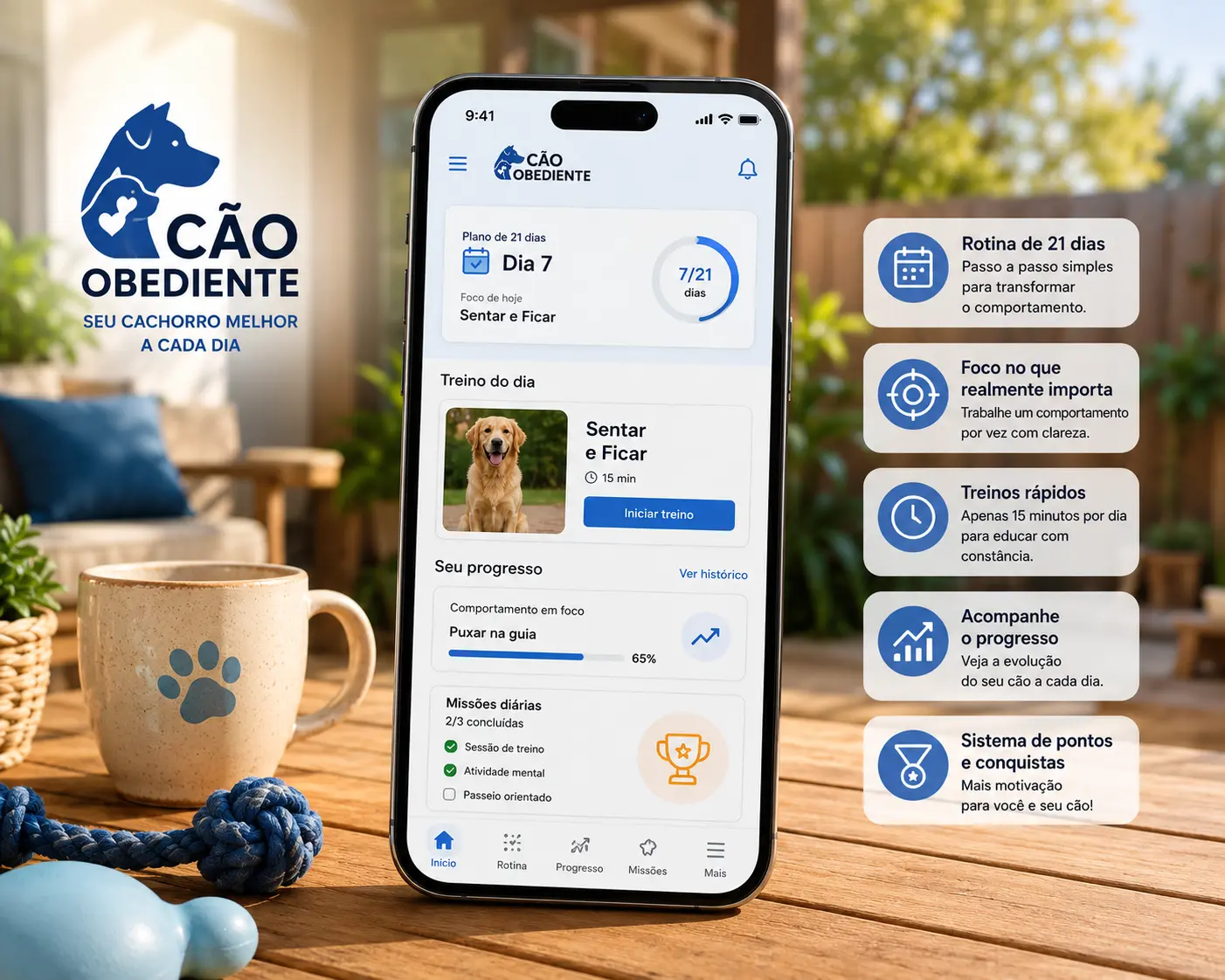 Telas do app Cão Obediente: quiz de diagnóstico, treino do dia e progresso